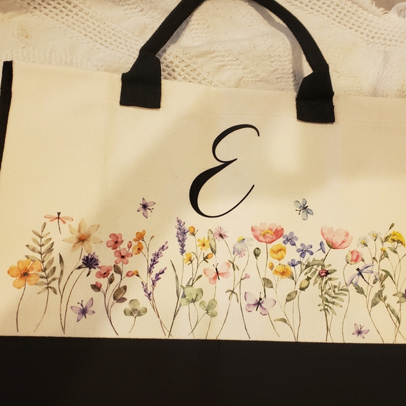 Monagrammed "E" White Canvas Tote with Black Trim & Multicolor Floral Print - Picture 2 of 5